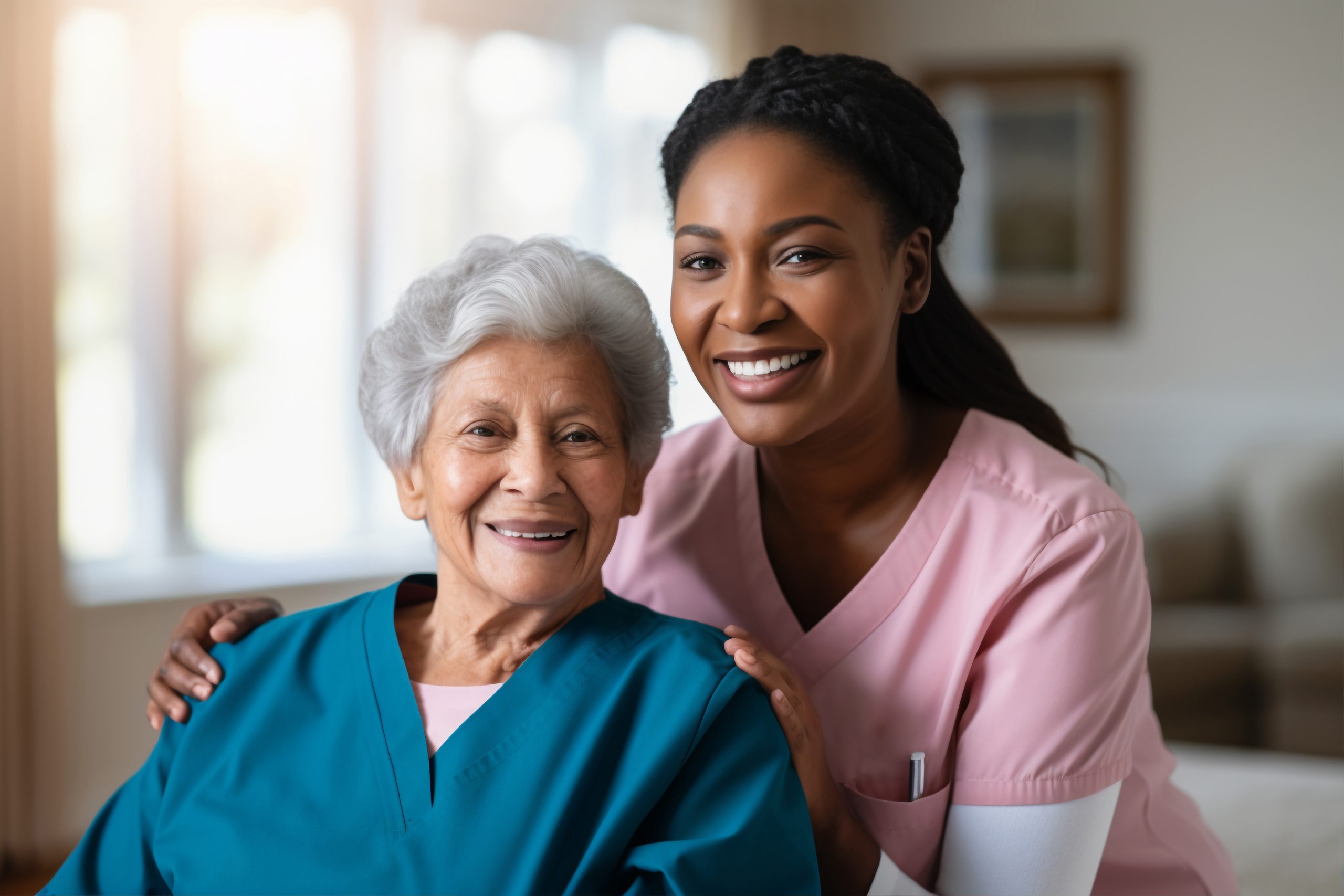 A compassionate support worker sitting alongside an elderly woman in a warm, sunlit setting